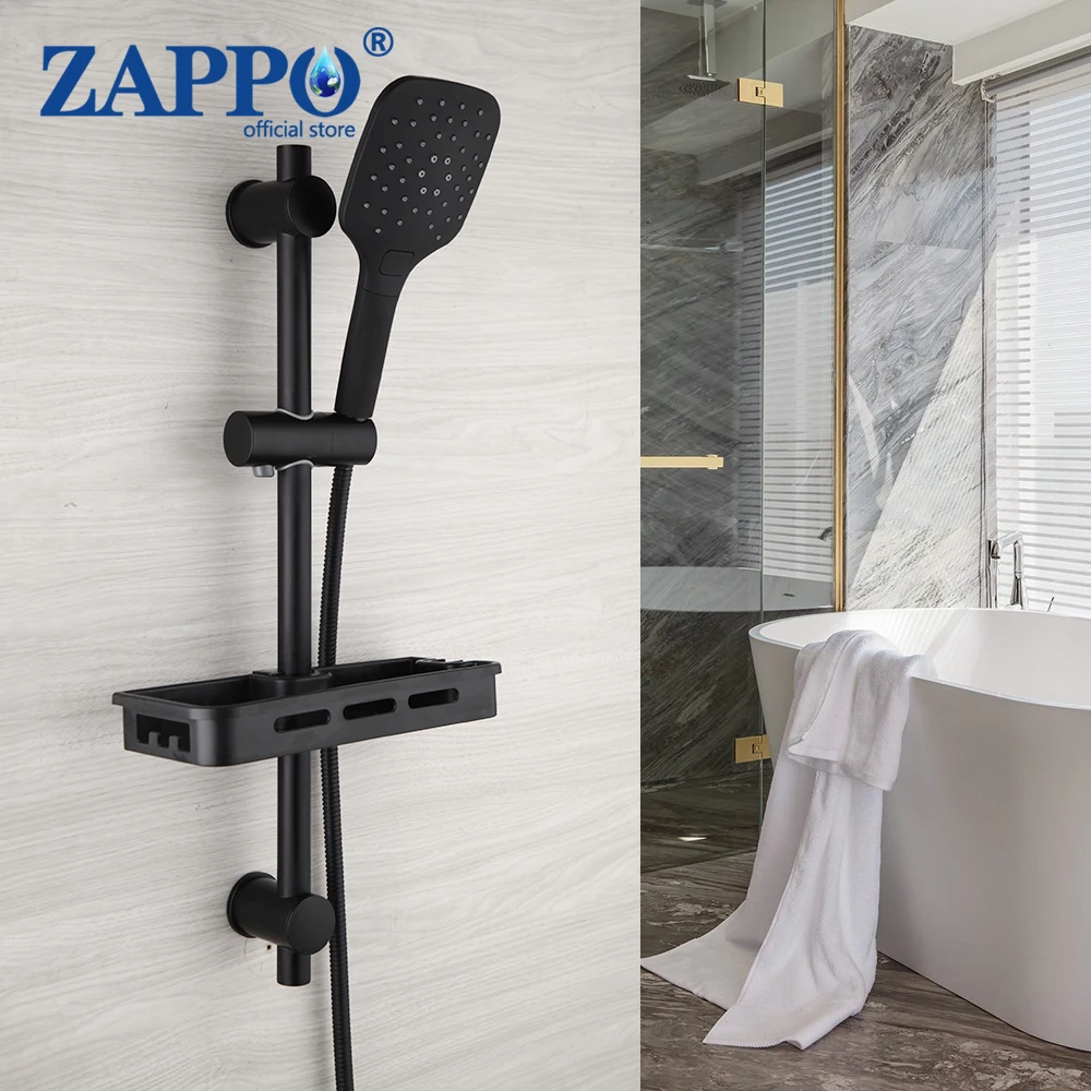 ZAPPO Matte Black  Wall Mounted Bath Sliding Bar Wall Mounted Rail W/Shelf Bathroom Accessories Handheld Shower Head Rod