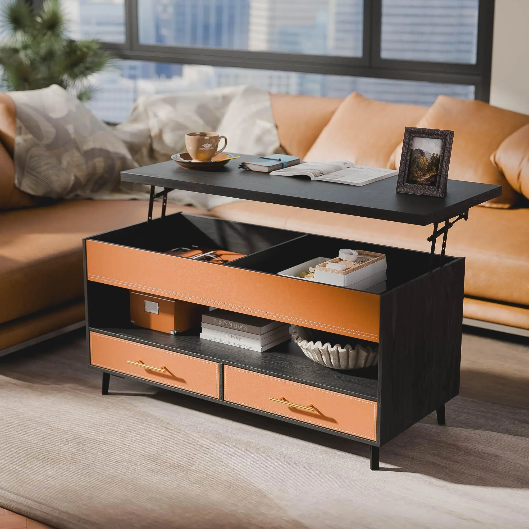 Leather Lift Top Coffee Table with 2 Drawers and Large Hidden Compartment, Lift-up Dining Table for Living/Home Office/Apartment