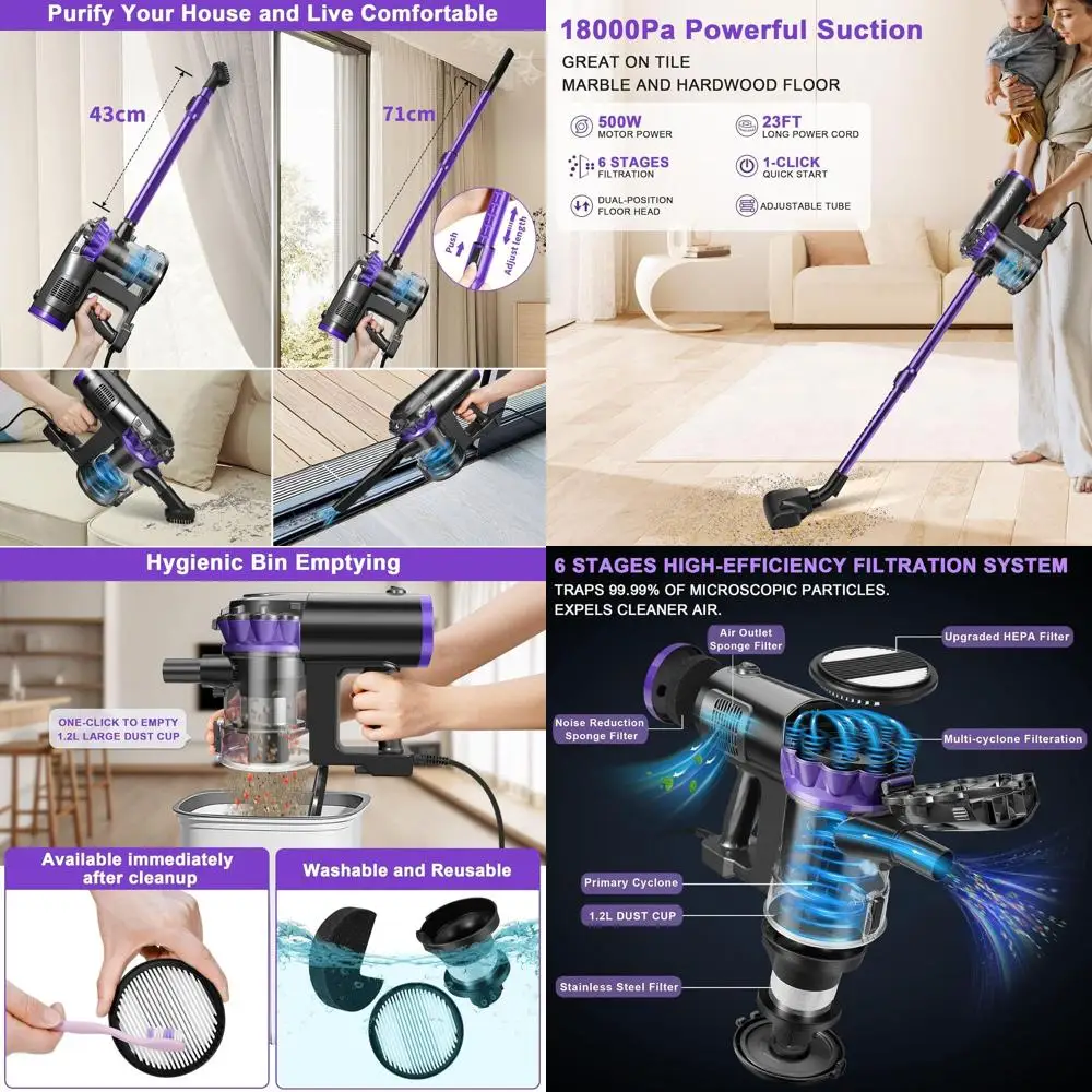 

Мощный пылесос 2-в-1 с силой всасывания 500 Вт, 18 кПа, шнуром 7 м, HEPA-фильтром и емкостью 1,2 л для полов из дерева и плитки