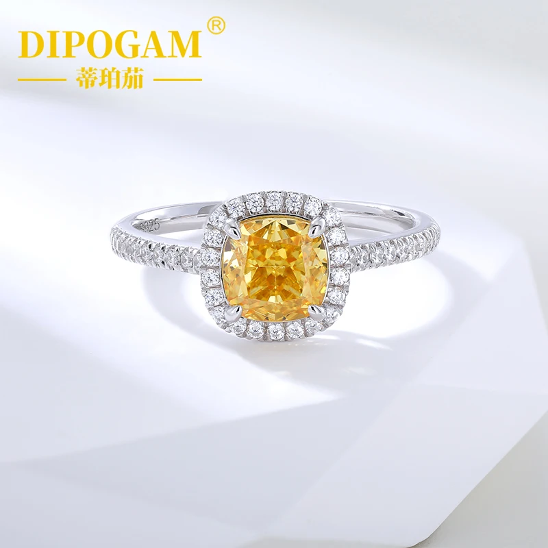 

Luxury Cushion Yellow Crystal Ring Full Diamond Halo 925 Silver Classic Statement Promise Ring Fashion Women Fine Jewelry