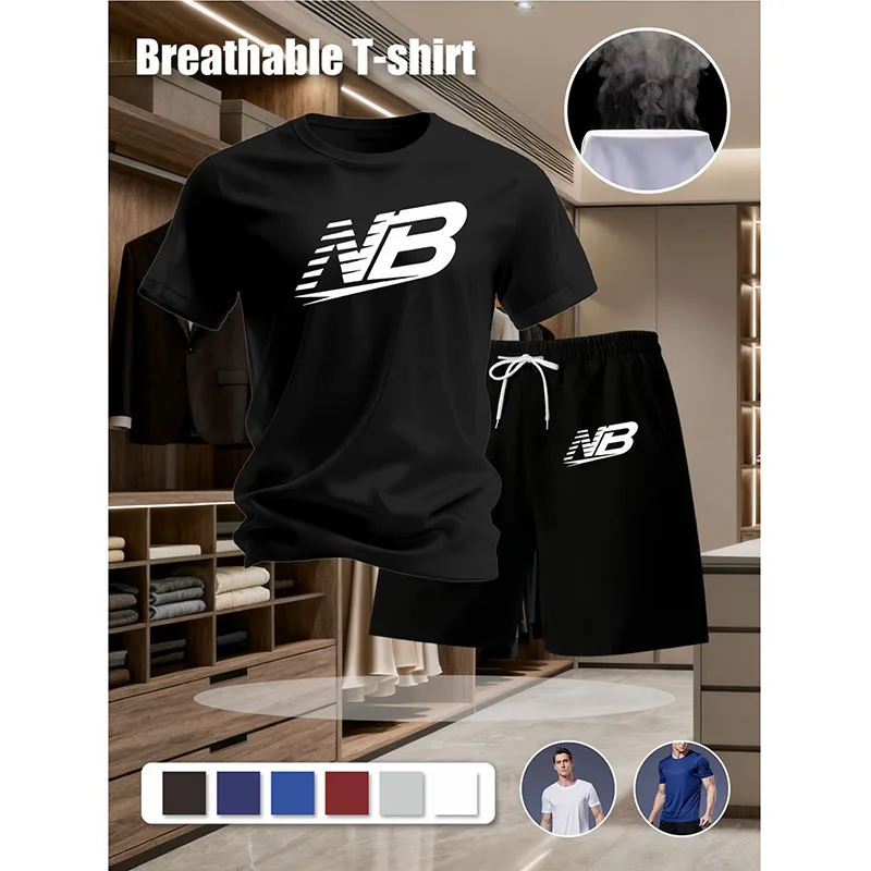 

Summer fashion men's short sleeved T-shirt set jogging clothing summer men's sportswear morning run fitness 2-piece set