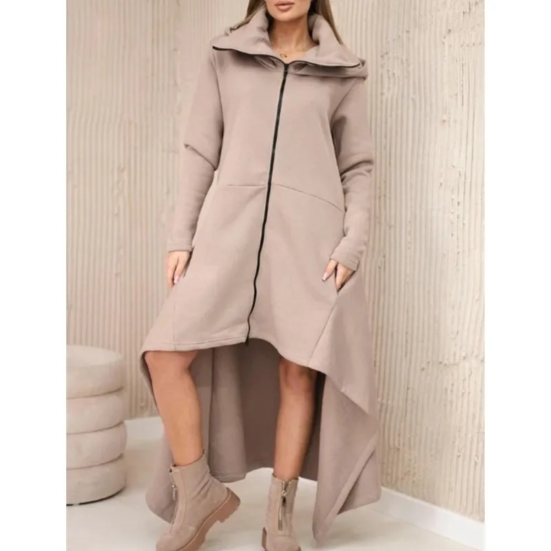 Casual Basic Long Hooded Sweatshirt Autumn Winter Dress Coat Solid color Irregular Hooded Dress with Zipper for Women's Clothing