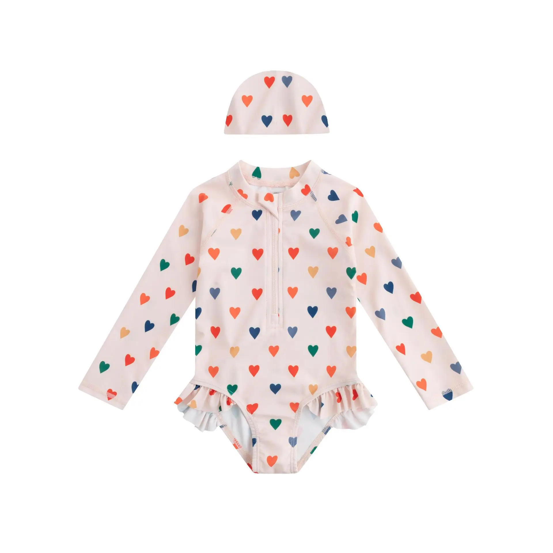 New 2026 Baby Girl Summer Swimwear Bundle Heart Cherry Floral Print Long Sleeve Guard One Piece Swimsuit Matching Swim Cap Cute~