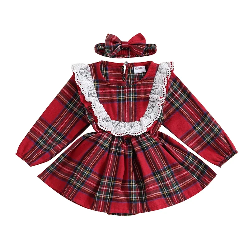 Baby Girls Christmas Rompers Dress Clothes Plaid Lace Trim Crew Neck Long Sleeve Xmas Bodysuits Dresses with Headband