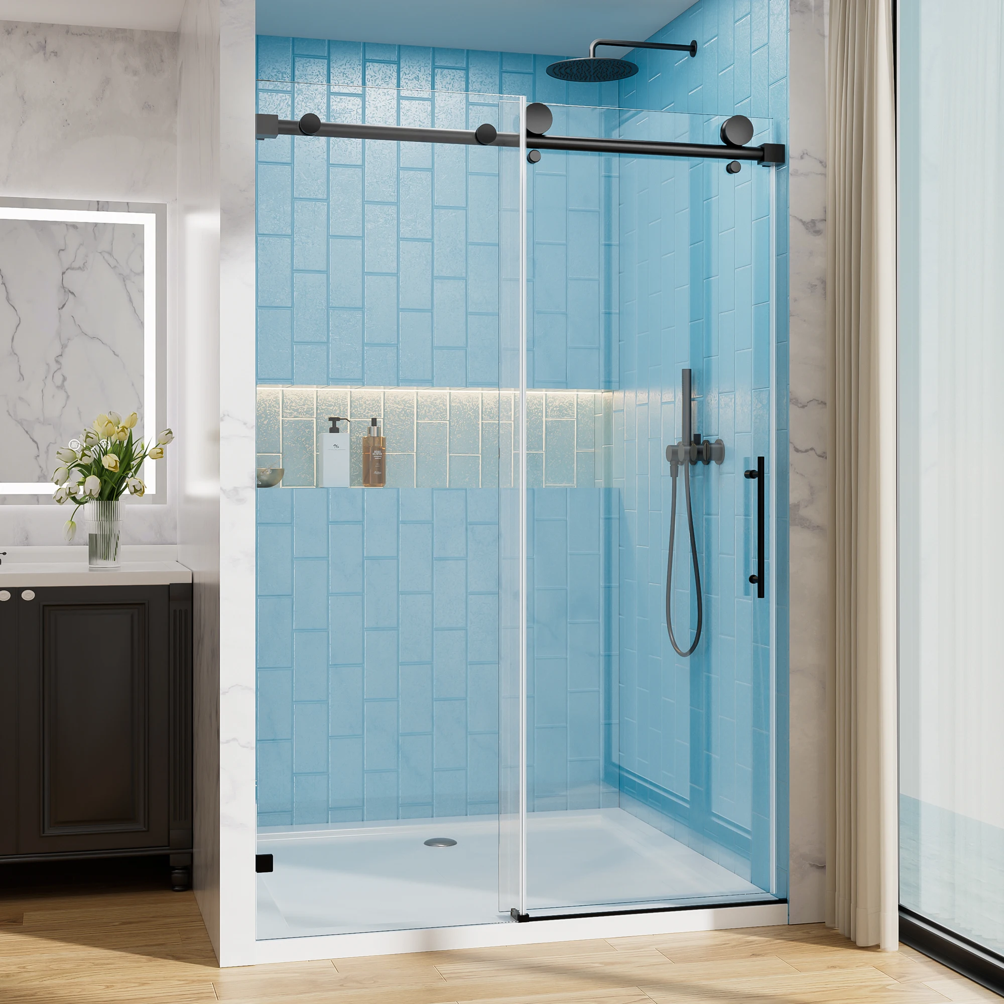 

Душевая дверь для ванной комнаты 56-60 x 76 дюймов, одинарная раздвижная душевая дверь, 5/16 дюйма (8 мм), закаленное стекло, раздвижная дверь для ванной комнаты