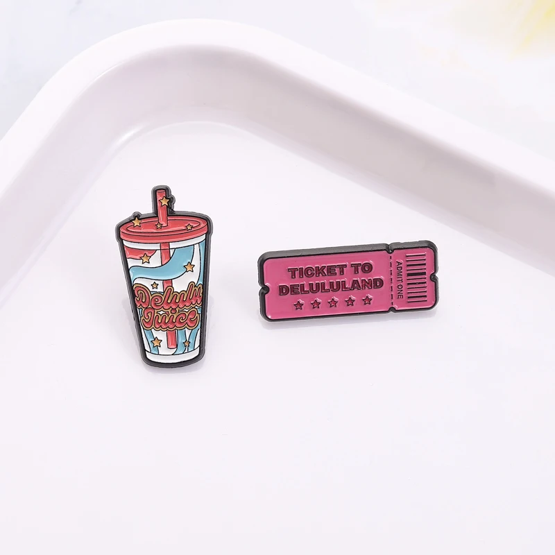Ticket To Delululand Enamel Pin Delulu Juice Brooch Bags Clothing Accessories  Encouraged Jewelry Gift for Friends