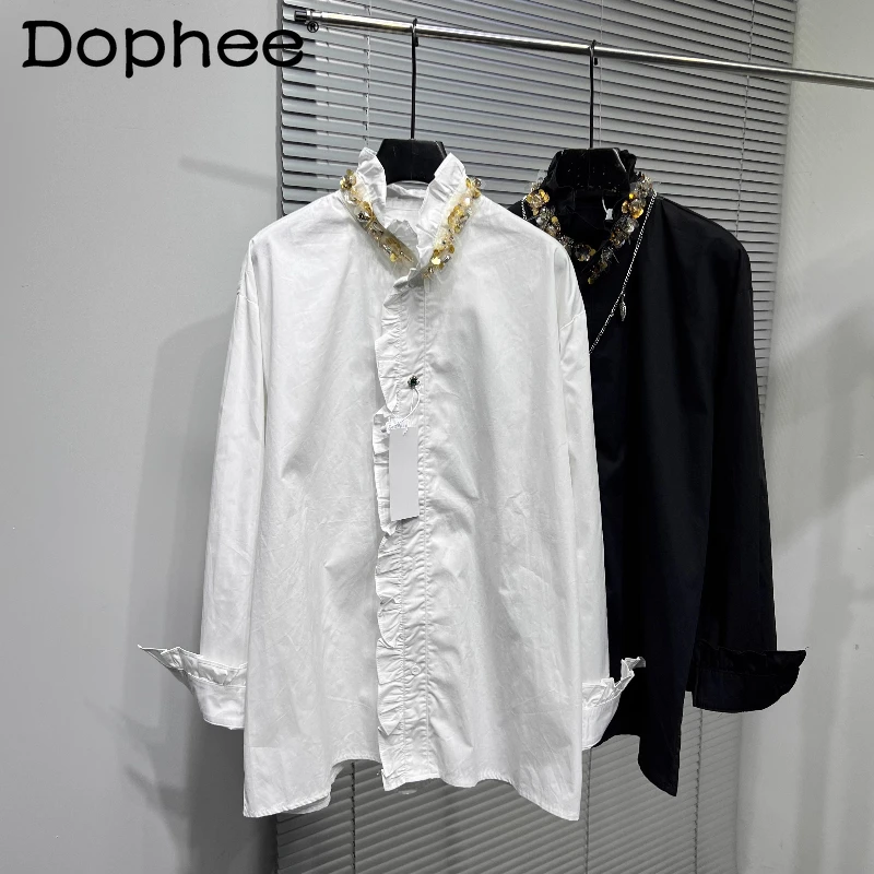 

Personalized Sequin Beaded Design Solid Color Tops Stand Collar Chic Shirts 2025 Men's Autumn Fashion Lotus Leaf Splicing Shirts