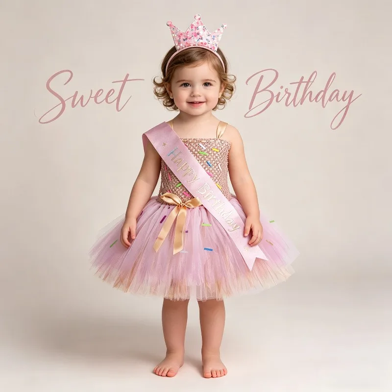

Rainbow Tutu Dress With Crown Sash Candy Puffy Gown Birthday Banquet Carnival Party Festive Elegant Flair Celebration Outfit