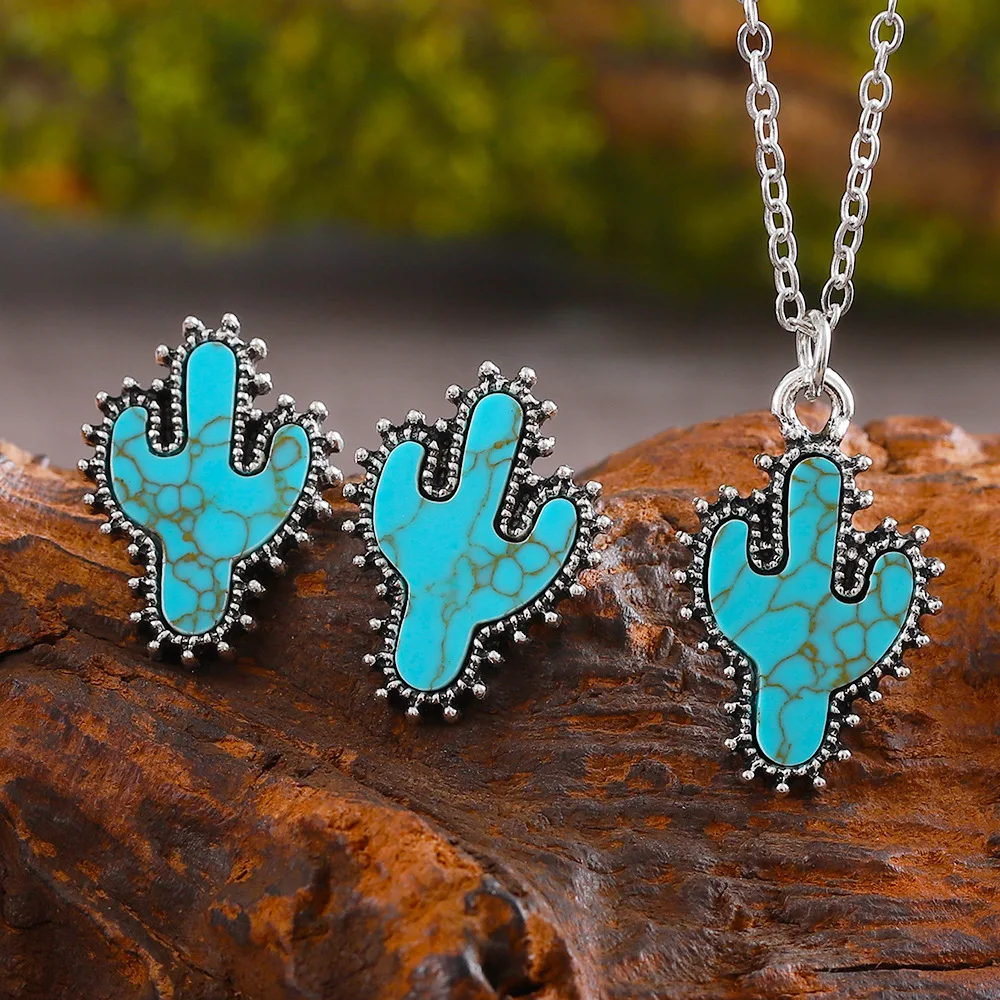 DIY accessories Korean version of fashion cactus turquoise earrings necklace set, Mori simple wind green plant alloy jewelry