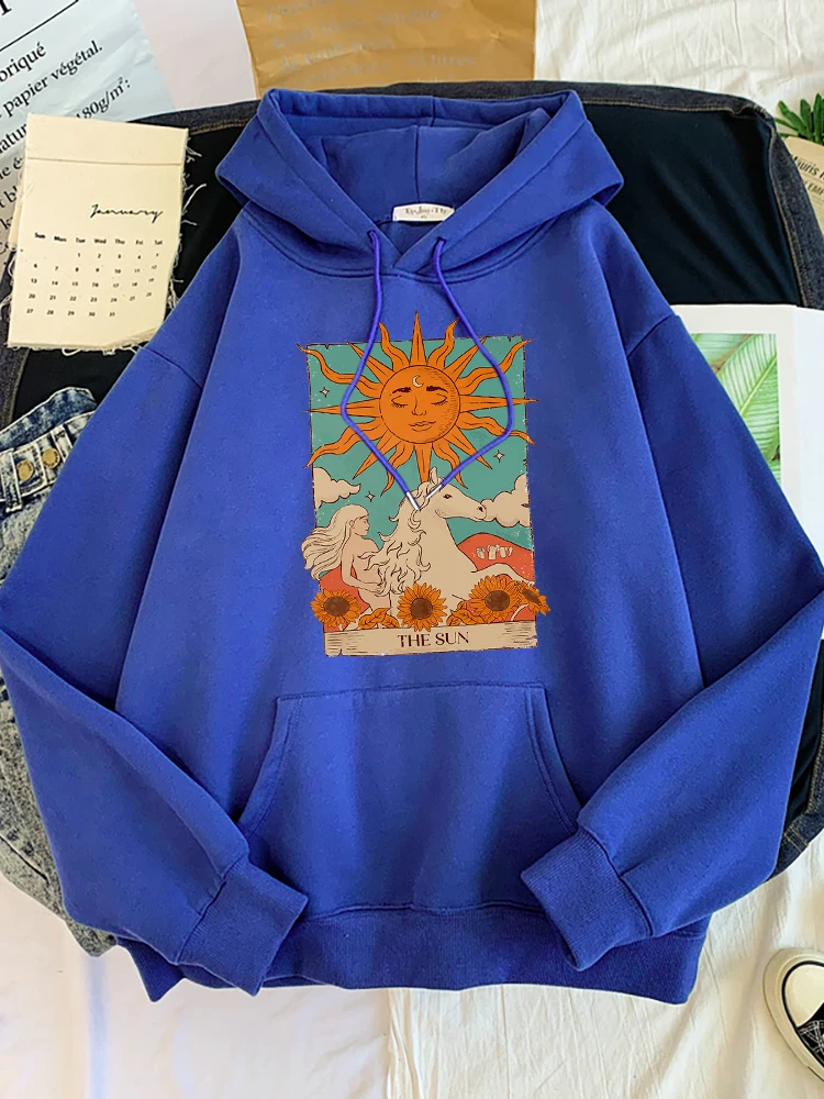 Tarot Card Art The Sun Prints Female Hoodies Fashion Casual Sportshirt Oversize Loose Sweatshirts Warm Fleece Woman Clothing