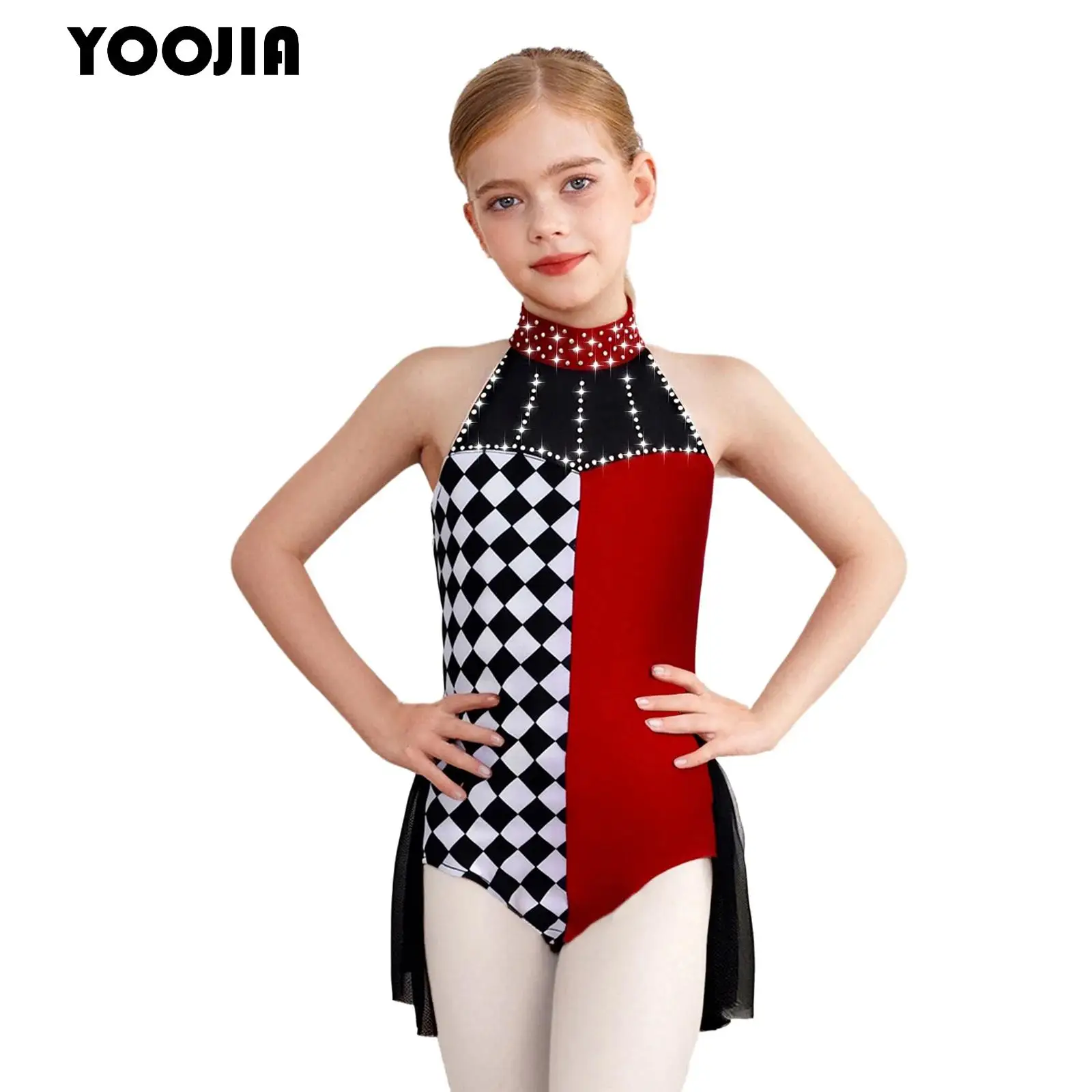 Girls Circus Clown Performance Costume Halloween Plaid Halter Sleeveless Dance Leotard Dress Mesh Overlay Bodysuit Dress Up Set