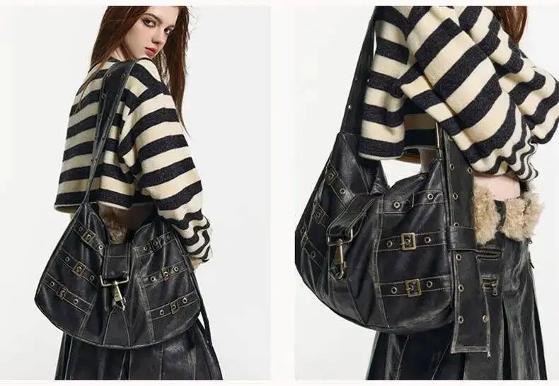Bloom Vintage Rivet Black Handbag Women Y2k Grunge Leather Chic Large Capacity Tote Female Retro Casual Shoulder Bag Bolso