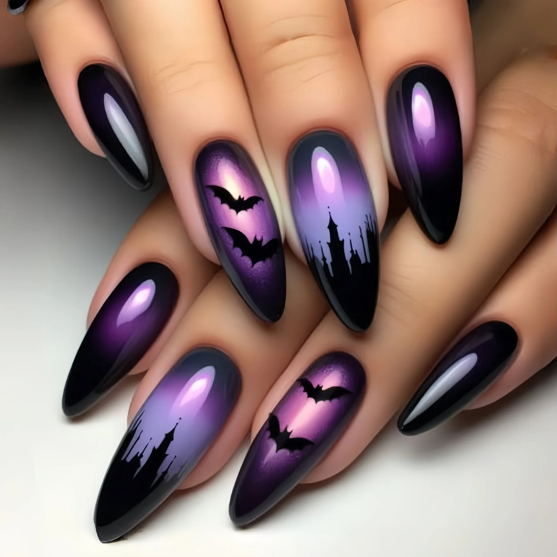 

24PCS Halloween False Nails Art Purple Gradient Bat Patterns French Medium Almond Fake Nails Fashionable Wearable Ins Nail Tips