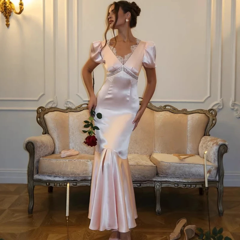 

Tsiisd Fashion Satin Lace Long Dress Women V Neck Puff Sleeve Slim Elegant Luxury 2026 Party Evening Dress Female Mermaid Dress