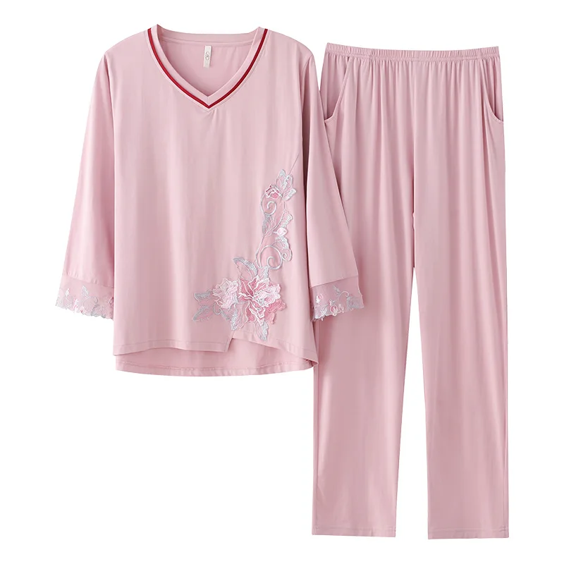 

Spring 2 Piece Set Three Quarter Sleeves Home Clothes For Female Modal Cotton Home Wear Pants Homewear Big Yards Women's Pajamas