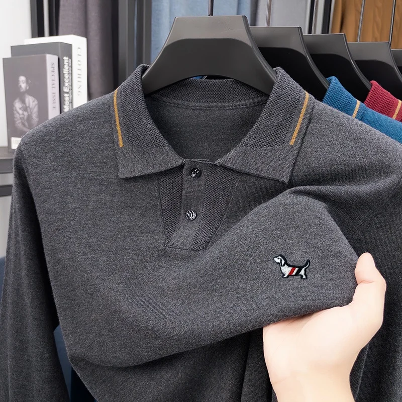 Quality Luxury Hot Sales Men's Lapel Pullover Wool Knitwear Autumn Winter New Dog Print Soft Sweater Fashion Business Men'swear