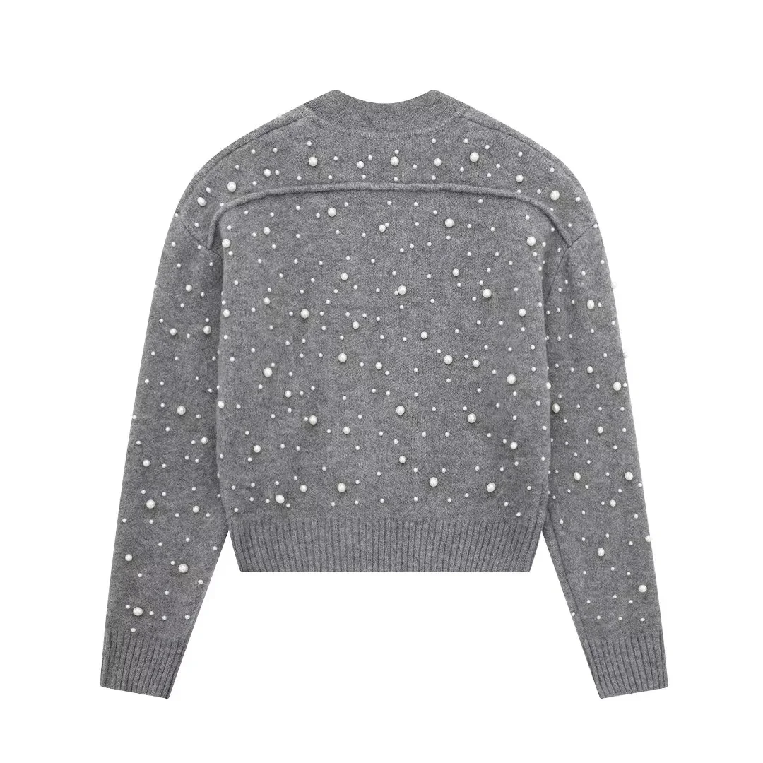 Women\'s Cardigan Sweaters Pearl Knitted Jackets Knitwear Long Sleeve Jumpers Knit Jackets 2024 Gray Woman Sweaters Jacket