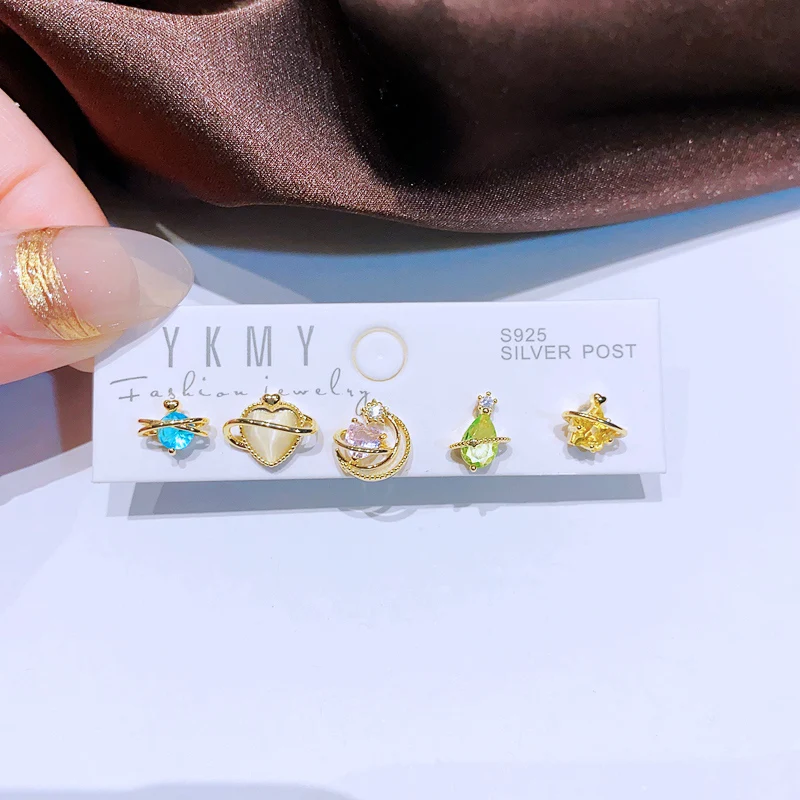 MIGGA 5pcs/Set Cubic Zircon Heart Star Saturn Stud Earrings Original Women Gold Color Plated Jewelry