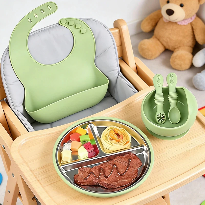 

5pcs Baby Feeding Set Silicone Non-Slip Bowl & Plate,Waterproof Bib With Spoon Infant Tableware BPA-Free Baby Dishes Set