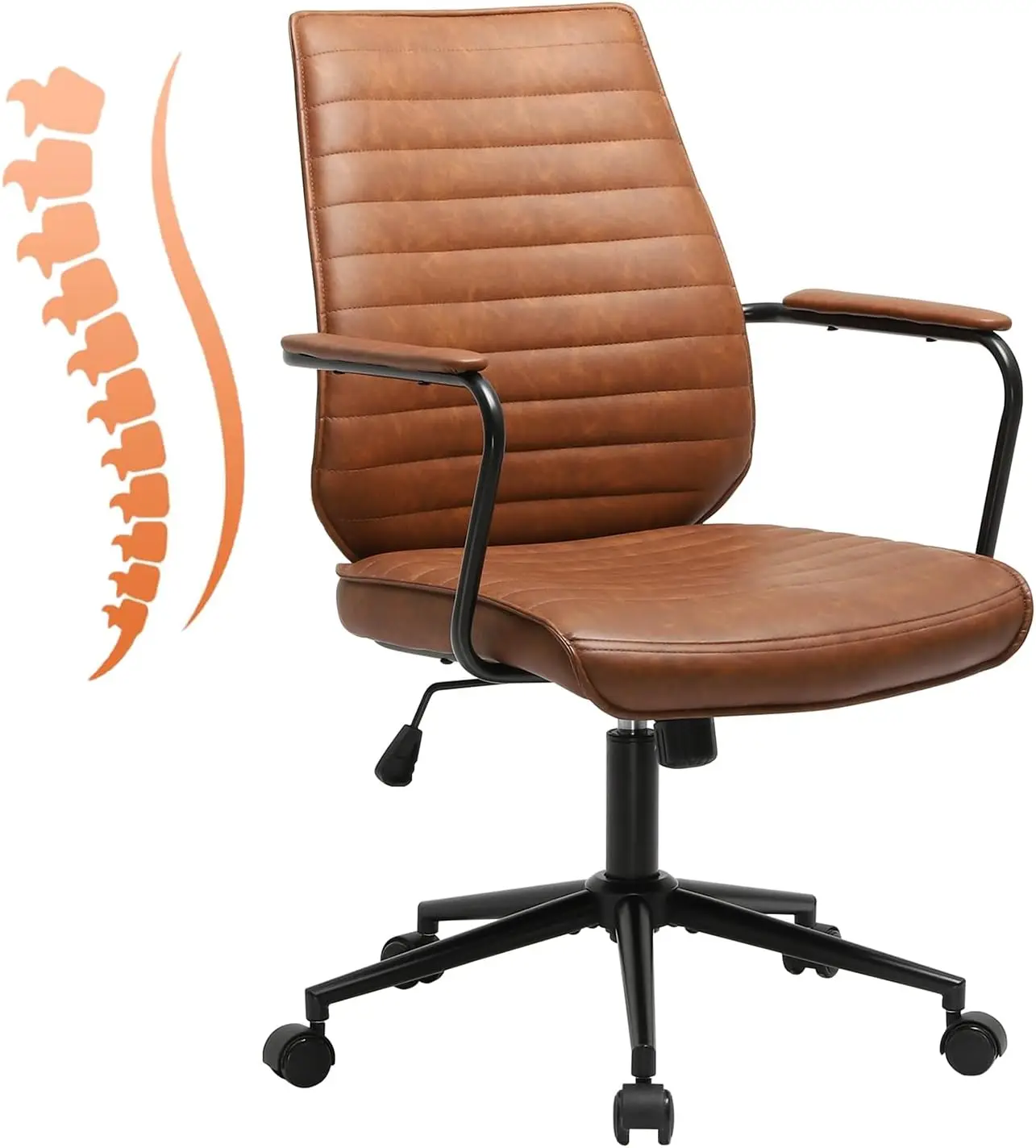 

Brown Leather Office Chair, Ergonomic Mid-Ba Executive Conference Task Chair, Ribbed Height Adjustable Swivel Rolling Chair For
