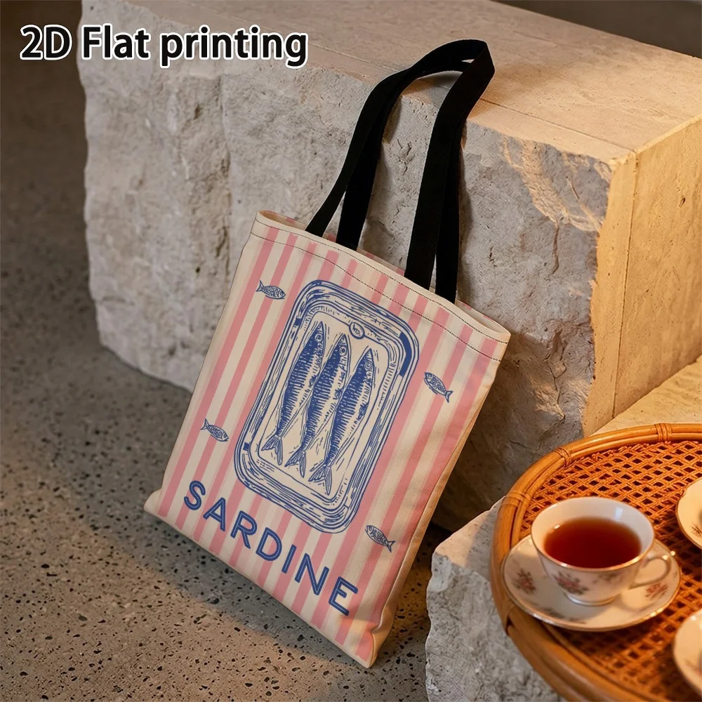 Vibrant Retro Sardine Design Tote Bag Lightweight Reusable Grocery Bags with Fixed Shoulder Straps Shopping and Everyday Use