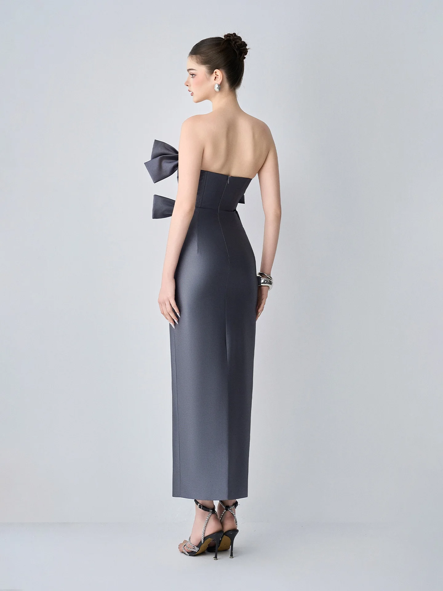Elegant Dark Grey Satin Maxi Party Dress Ankle Length Long Mermaid Casual Dresses Strapless With Bow Evening Dresses Office Lady