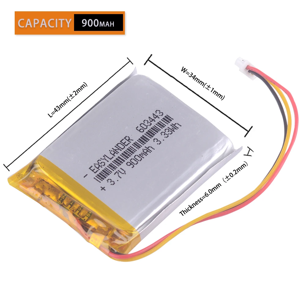 603443 3.7V 900mAh Lithium li-Polymer Li-ion Rechargeable Battery For Mp3 MP4 MP5 GPS  DVR papago 730 260 Driving recorder