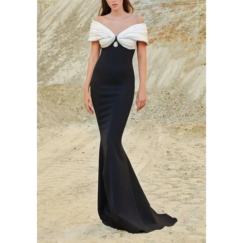 

Customized Elegant Black Crystal Off-the -shoulder Mermaid Floor Length Prom Gowns Formal Pleated Evening Party Long Dress