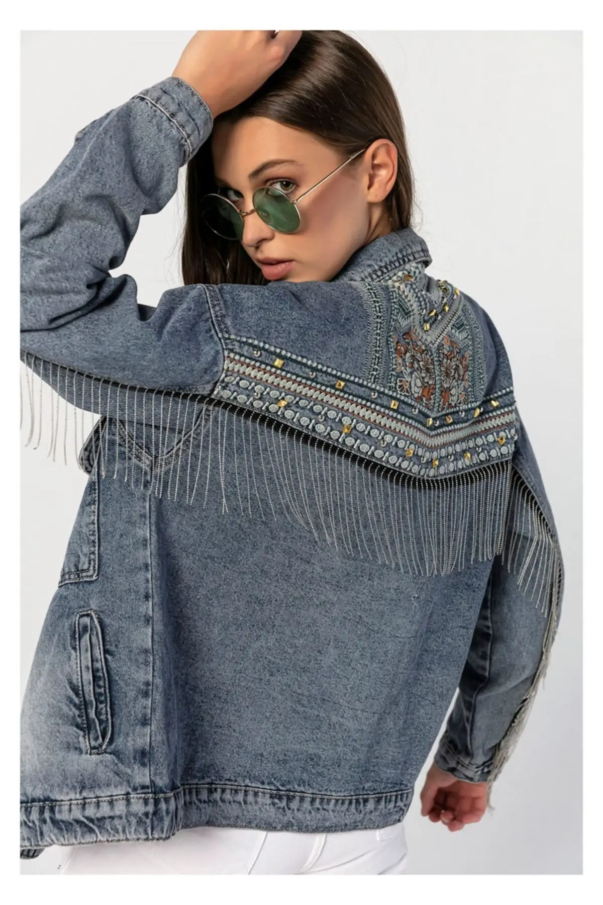 Boyfriend Back, Sleeves and Back Chain Embroidered Denim Jacket - Blue .High quality women's product. Special design product.A05