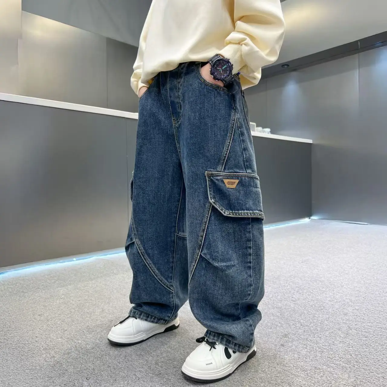 

Boys' Work Pants Children's Jeans Middle-aged Children's Autumn Clothing Cool And Casual Wide Leg Pants