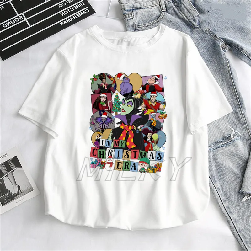 2025 Merry Chriatmas Woman Clothing Christmas Villains Print Short Sleeve White Woman T-shirts Fashion Female New Year Tee Shirt