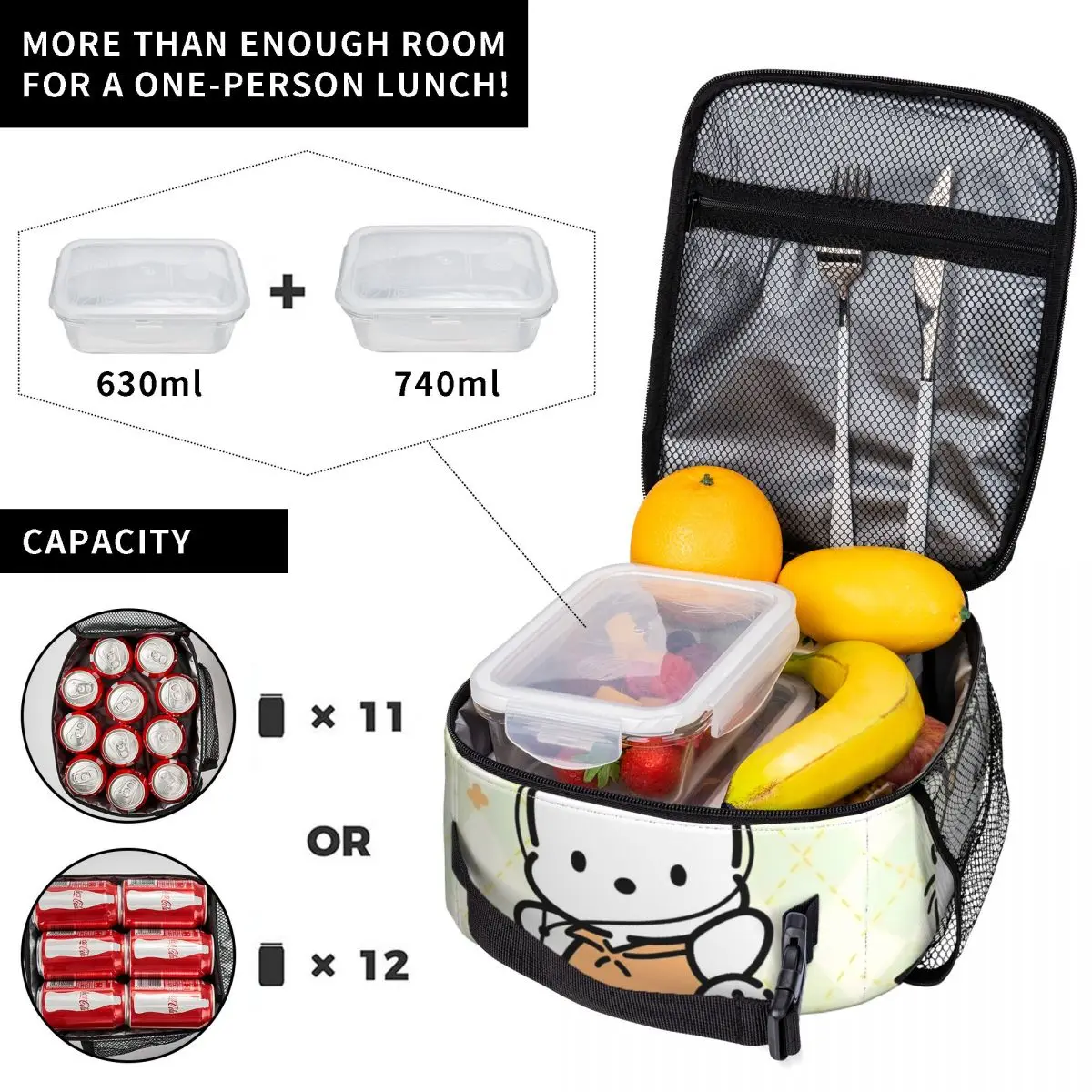 Pochacco Tanz isoliert Lunch Bag hohe Kapazität Kawaii Mahlzeit Container Kühltasche Tote Lunch Box College Picknick Bento Beutel