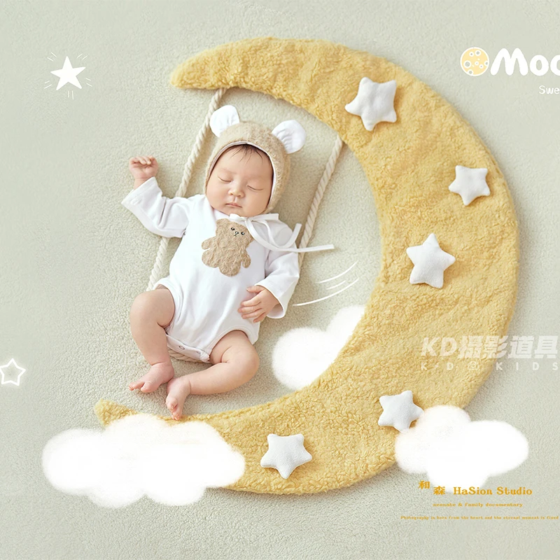 Newborn Photography Outfit, Bear Ear Hat + White Romper, Moon Star Theme Baby Photography Props, Infant Studio Shooting Costume