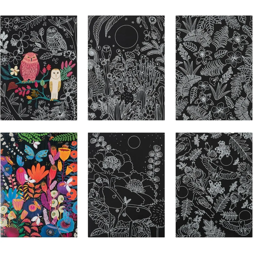 스크래치 아트 종이 패드 - 올빼미와 달, 금속 가이드 아트, 양방향 스타일러스 및 브러시