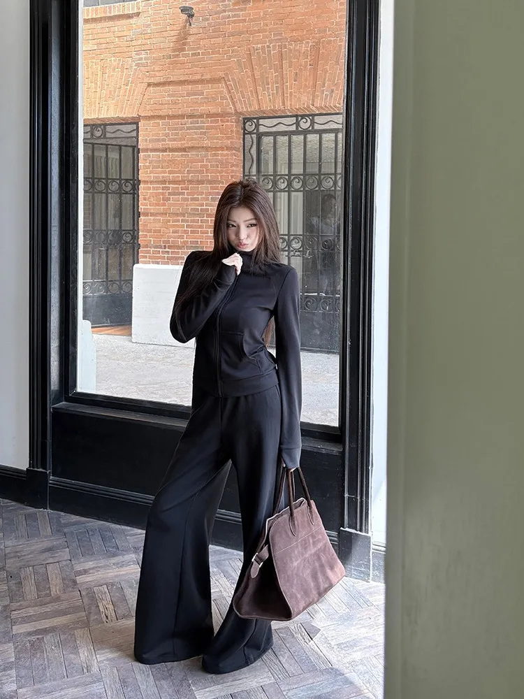 

RIZZMA Women's Black Stand Collar Zipper Jacket Loose Fit Casual Sportswear Set with Wide Leg Pants for Autumn Winter