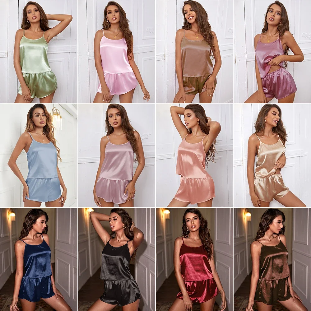 Sexy Satin Pajama Set 2 PC Sleepwear Women\'s Pyjamas Sleeveless Cute Cami Top and Shorts Elastic Waist Nightwear Silky Home Suit