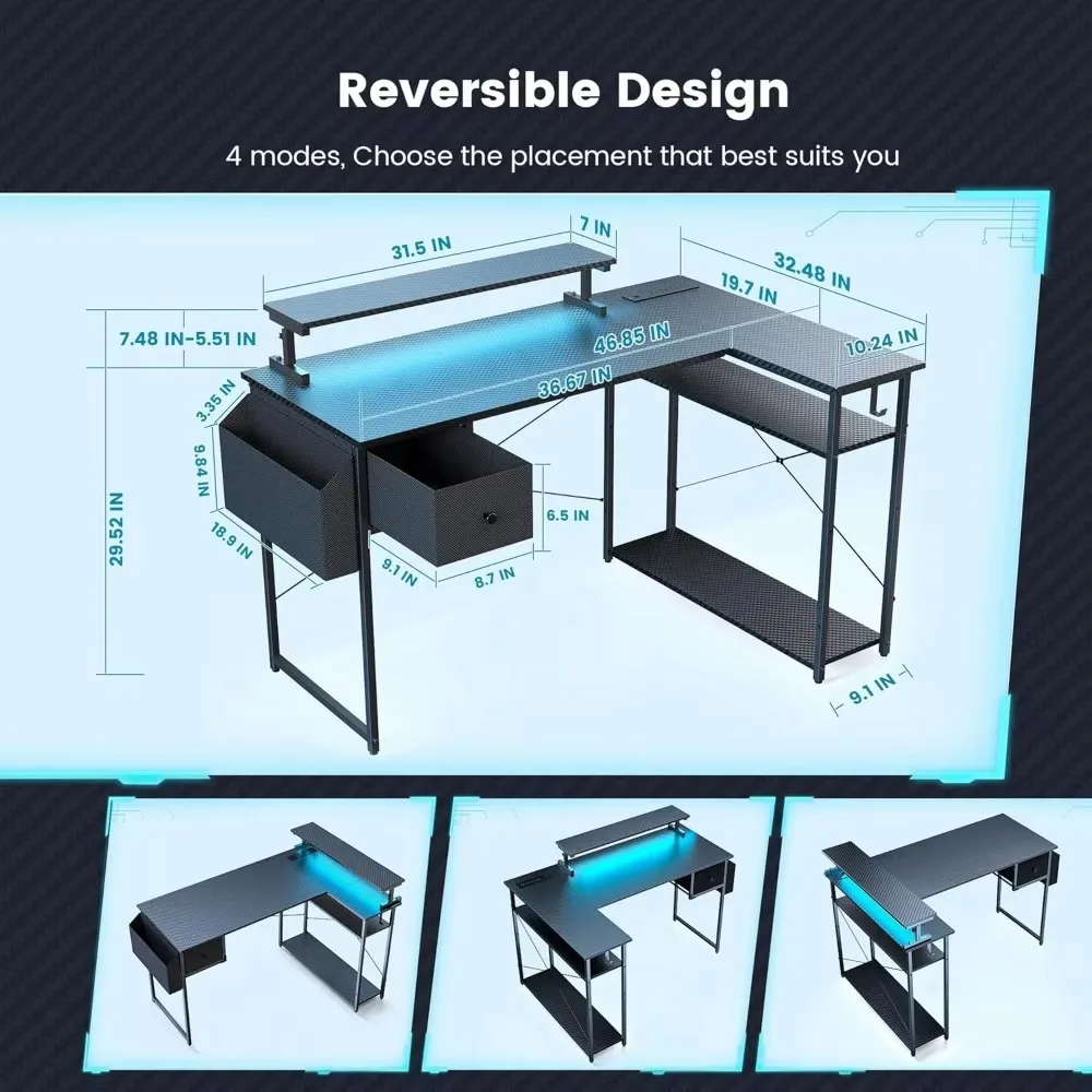 Speeltafel, 47" L-vormige speeltafel, computerbureau met LED-verlichting en verstelbare standaard, stopcontact, opberglade