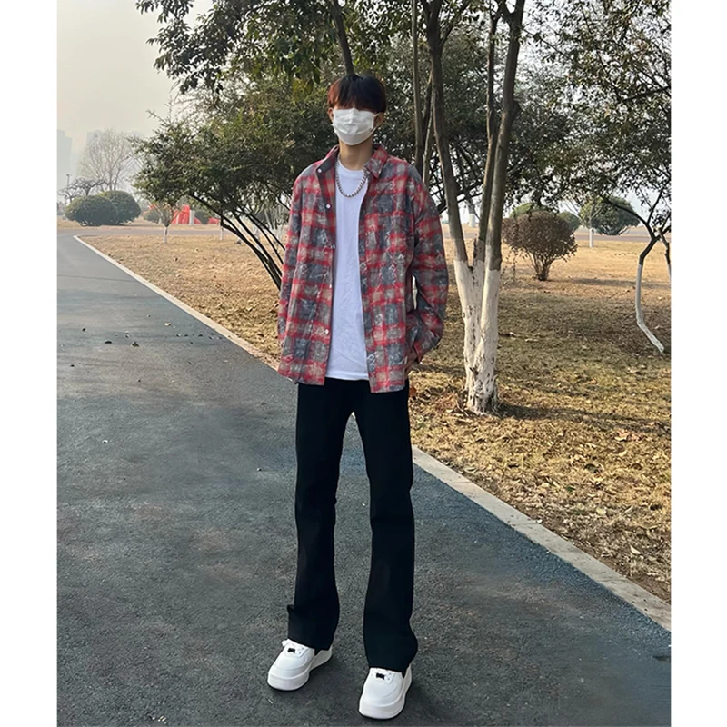 

Red Plaid Long Sve irt Men's Spring Autumn Vintage Sle Double Sided Wear Polyester Fiber Loose Fit Youth Faion