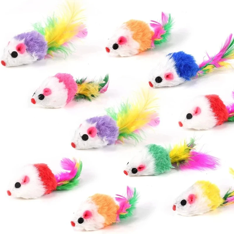 5 Piezas Nuevas de Juguetes de Peluche para Gatos, Ratones con Sonajero, Set Interactivo para Mascotas, Juguetes Surtidos con Catnip y Cola de Plumas de Colores para Gatitos