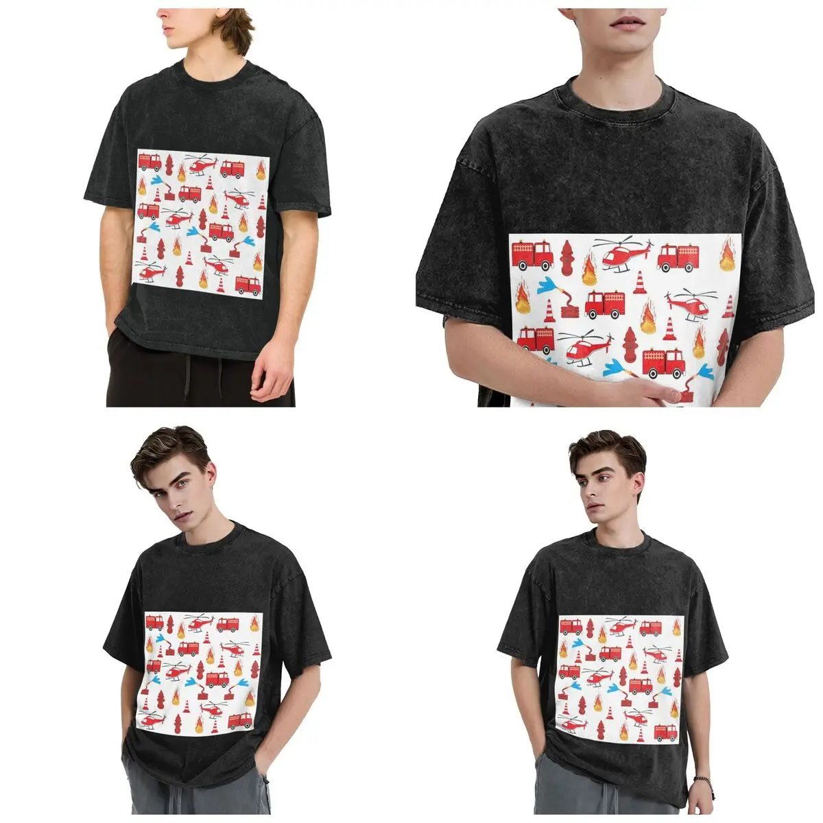 Red Transport Fire Truck Engine Brigade Hip Hop Short Sleeve T-Shirts Washed Tops Tees Streetwear T Shirt Harajuku for Men woman