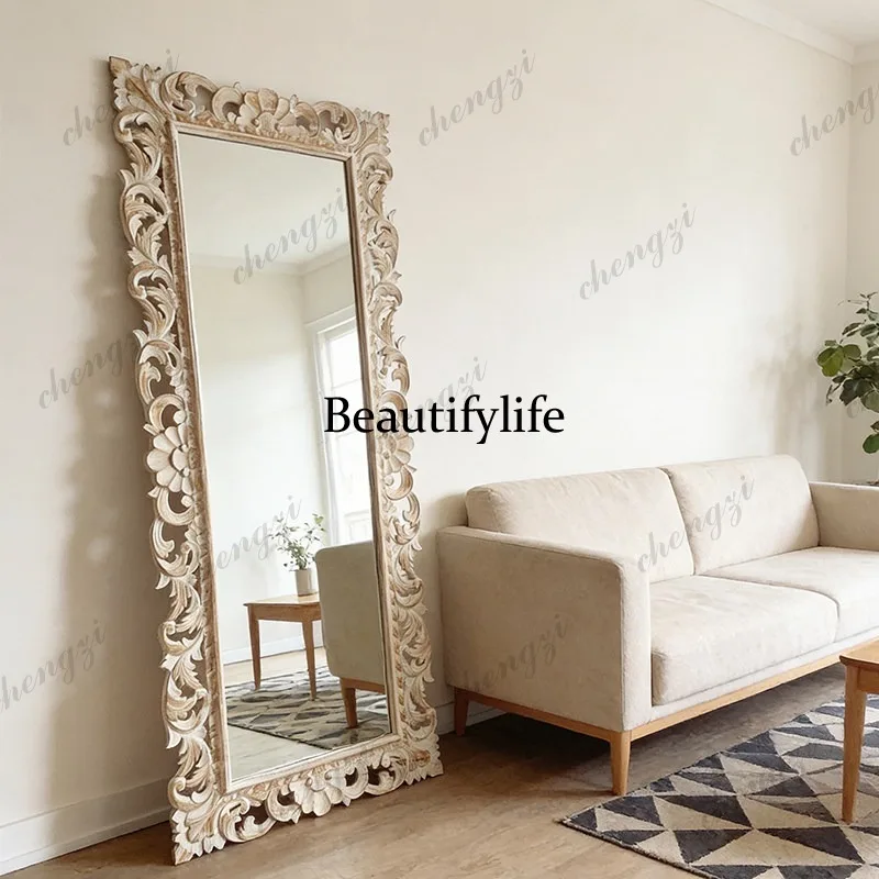 BBB  French long size fitting mirror retro engraved dressing mirror European style home clothing store landing