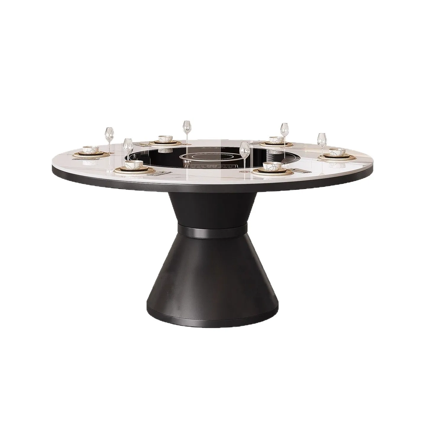 Modern simple small apartment with induction cooker, vegetable warming turntable, household rock slab, round dining table