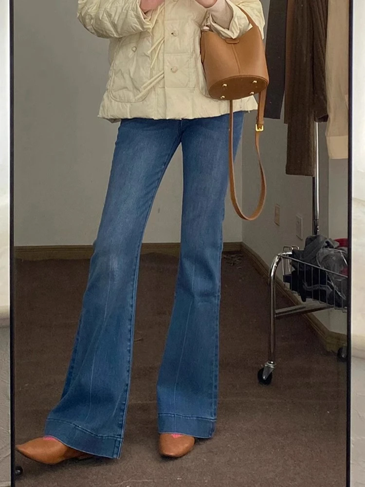 

Брюки-клеш с высокой талией, длинные, синие, в пол, с эффектом похудения, универсальные, для повседневной носки, в корейском стиле, прямые брюки