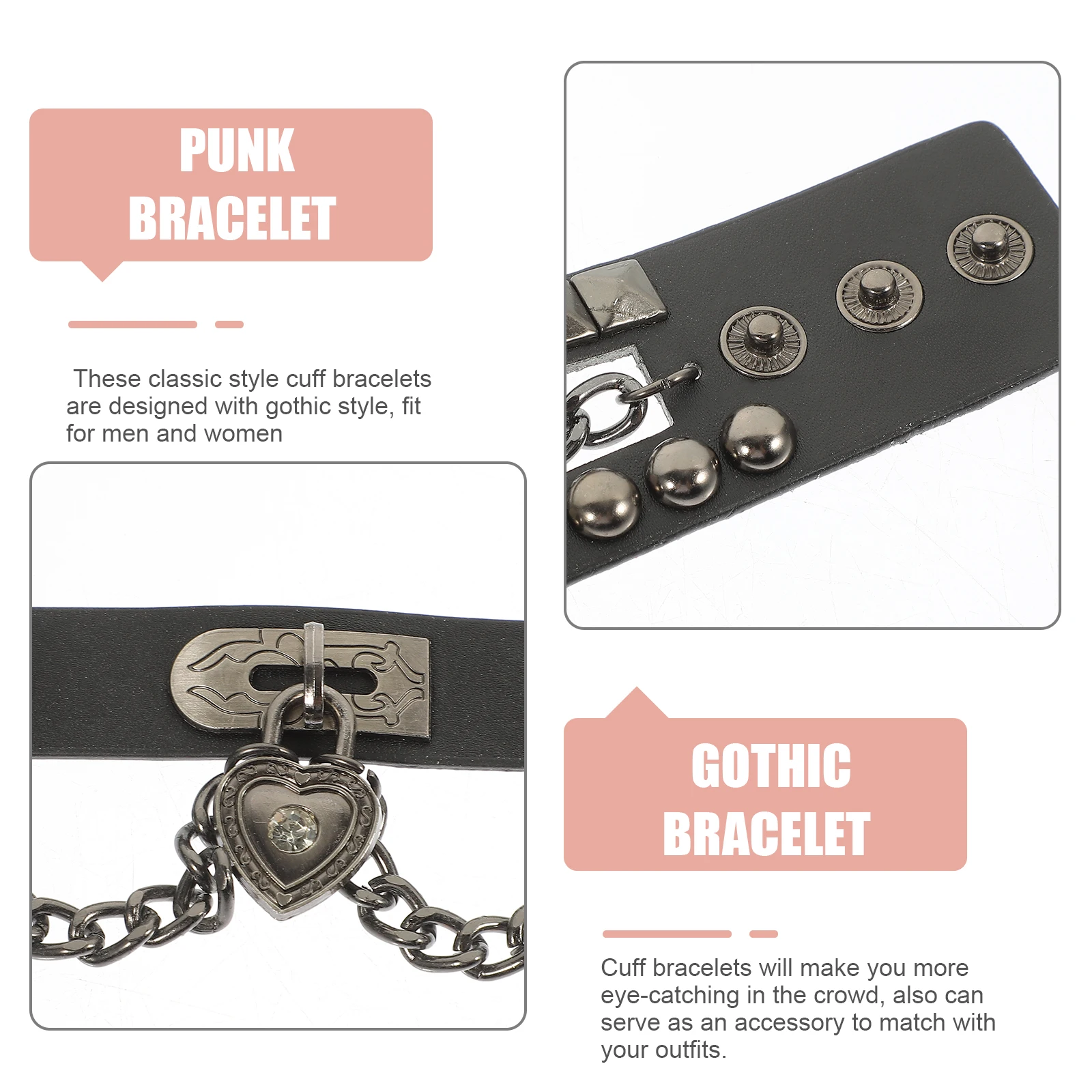 Braccialetti a catena da 2 pezzi gotici per braccialetti punk a forma di cuore per accessori gotici