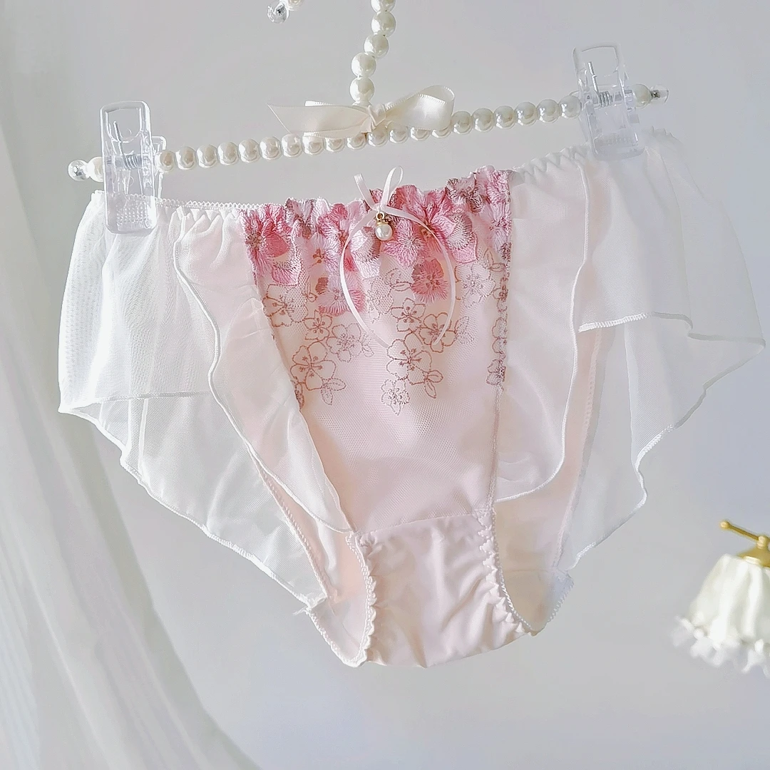 Lotus Leaf Edge Fairy Japanese Lolita Girl Mid Low Waist Underwear With Flower Embroidery Pure Desire Lace Edge Triangle Pants