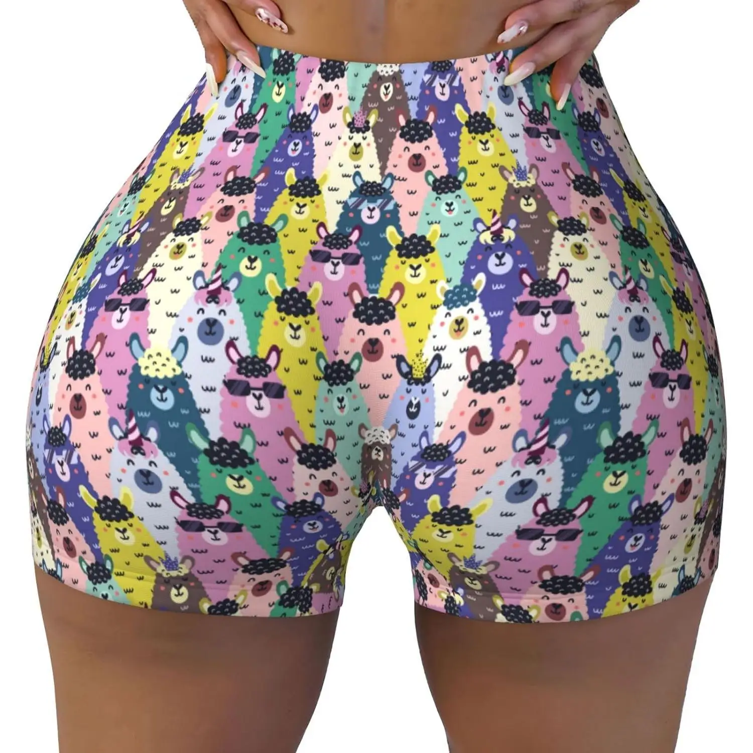 Llamas شورت مطبوع ملون للنساء للتحكم في البطن عالي التمارين الرياضية ورفع المؤخرة سروال نسائي قصير #1