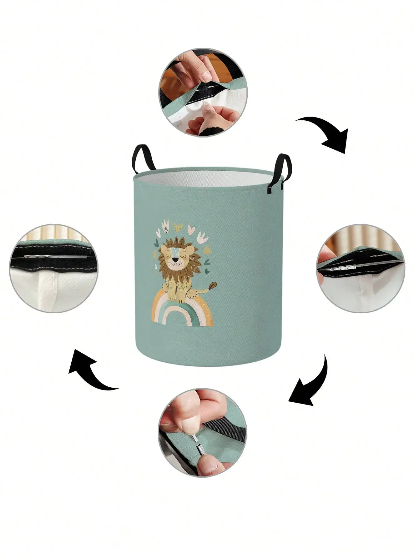 Afbeelding 6: Kleine leeuw wasmand opvouwbare canvas opbergemmer met grote capaciteit kinderspeelgoed kledingopslag thuis badkamer