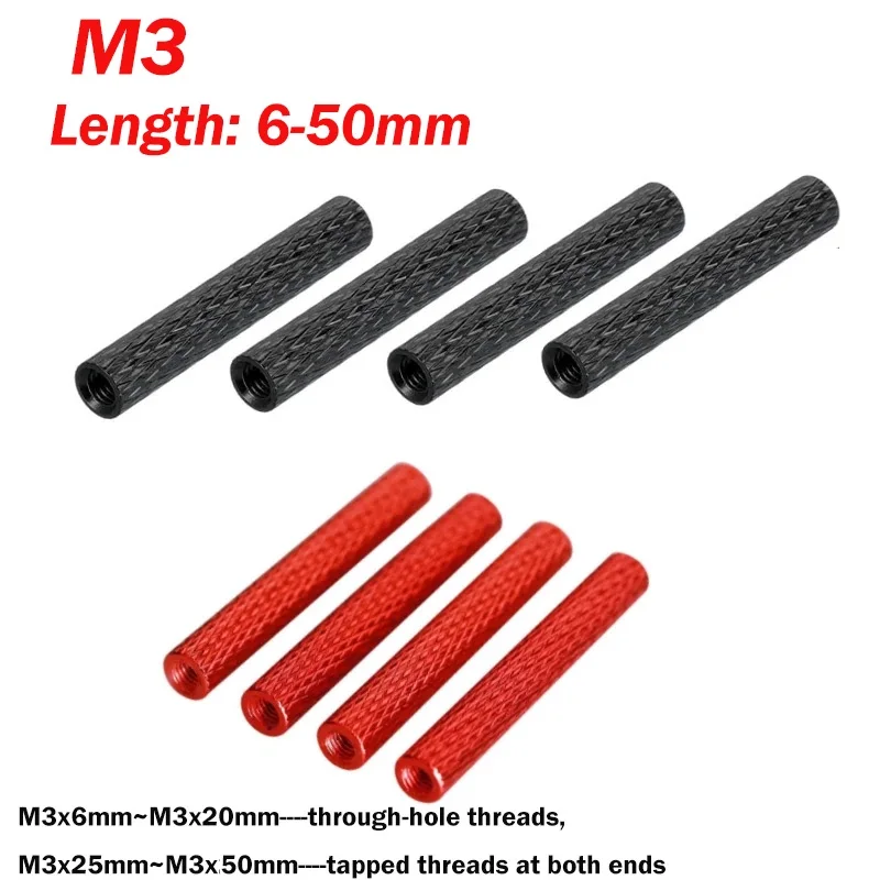 5/10/20/50pcs Red/Black Knurled Aluminum Standoff Spacer Stud Fastener For RC Drone M3*6/8/10/12/15/16/20/25/30/35/37/40/50mm