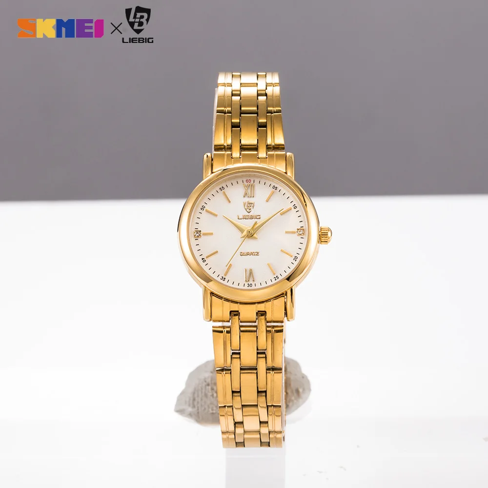 Luxo Golden Quartz Relógios de pulso para casais, aço inoxidável, amantes assistir, relógio de pulso analógico, moda, L1012