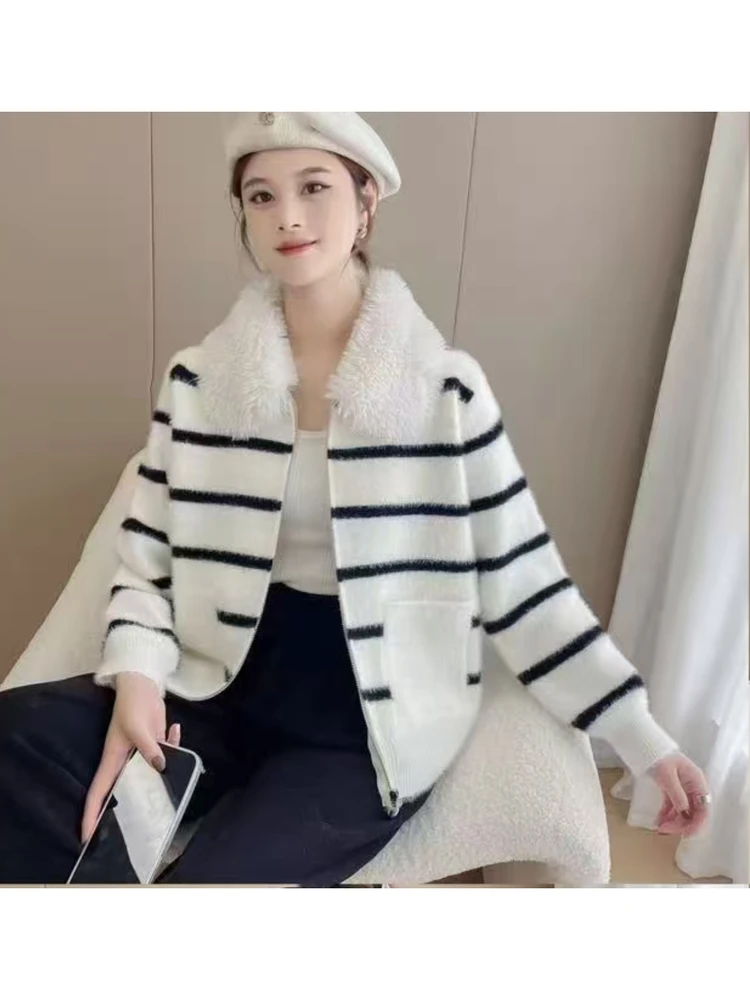

Autumn Winter Women's Knitted Sweater Coat Fake Fur Collar Striped Open Cardigan Long Sleeve Commute Style Fashion Oute...